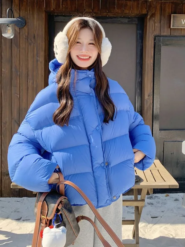

Корейская утепленная синяя куртка-пуховик из хлопка для женщин: модное универсальное зимнее пальто в корейском стиле, прямой крой