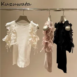 Kuzuwata Sweet Moda O Neck maglioni con maniche a farfalla Lace Up All-match New Ruffles Pull Femme Japan Fresh Off spalla Knit Tops