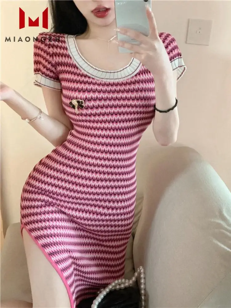 Imagem -05 - Vestido Elegante de Malha Bodycon para Mulheres Gola o Listrada Manga Comprida Vestidos de Festa Midi Emendados Roupas de Colete Feminino Moda Verão 2023