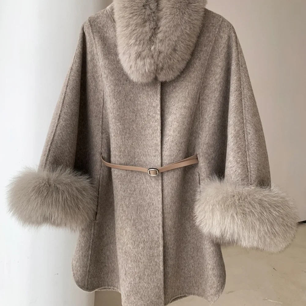 2024 New Autumn Winter Women\'s Fur Sleeve Detachable Real Fox Fur Collar Coat Wool Warm A-line Jacket Luxury Thick Female Coat