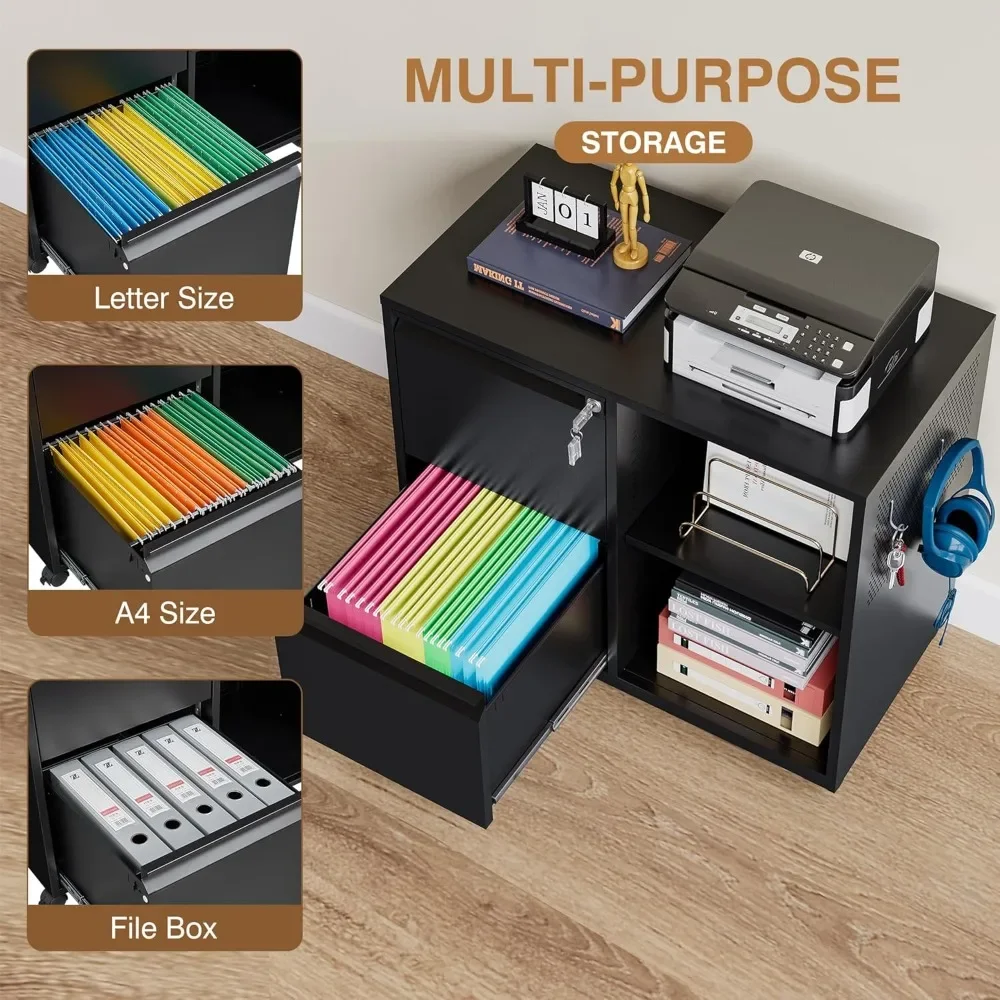 Lateral 2 Drawer Filing Cabinet with Lock, Mobile File Cabinet on Wheels, Printer Stand with Storage for A4 File Folders,Customi