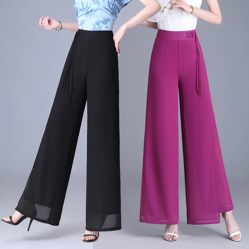 Summer 2025 Women's High Waist Chiffon Wide Leg Pants Draped Double Layer Split Dance Ethnic Sle Casual Pants