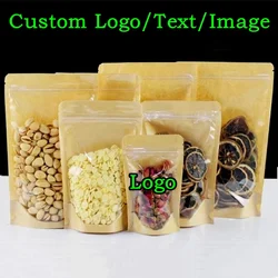 100PCS Clear Front Kraft Paper Zipper Storage Bag DIY Custom Logo Beaf Snack Candy Powder Coffee Spice Gift Packaging Pouches