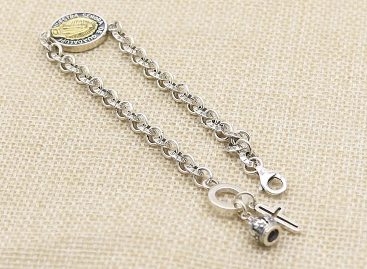 925 Thai Silver Bracelet Male Japanese Korean Personality Cross Sterling Silver Ring Bracelet Youth Handsome Vintage First Ornam