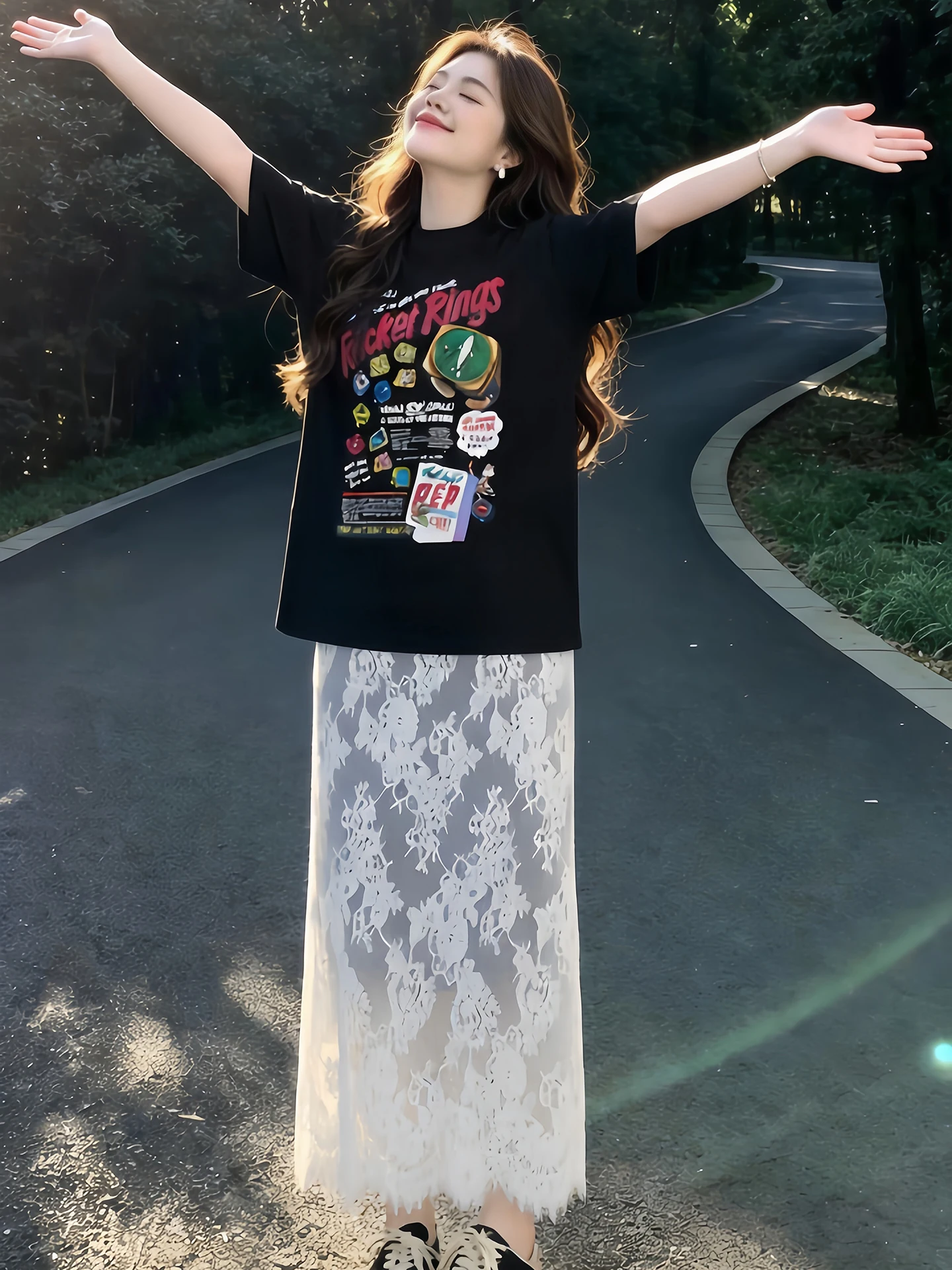 

Summer 2026 New Lazy Style Fashionable Two-Piece Set Cartoon Print Short Sleeve Top Lace Half-Skirt Women's Clothing Set