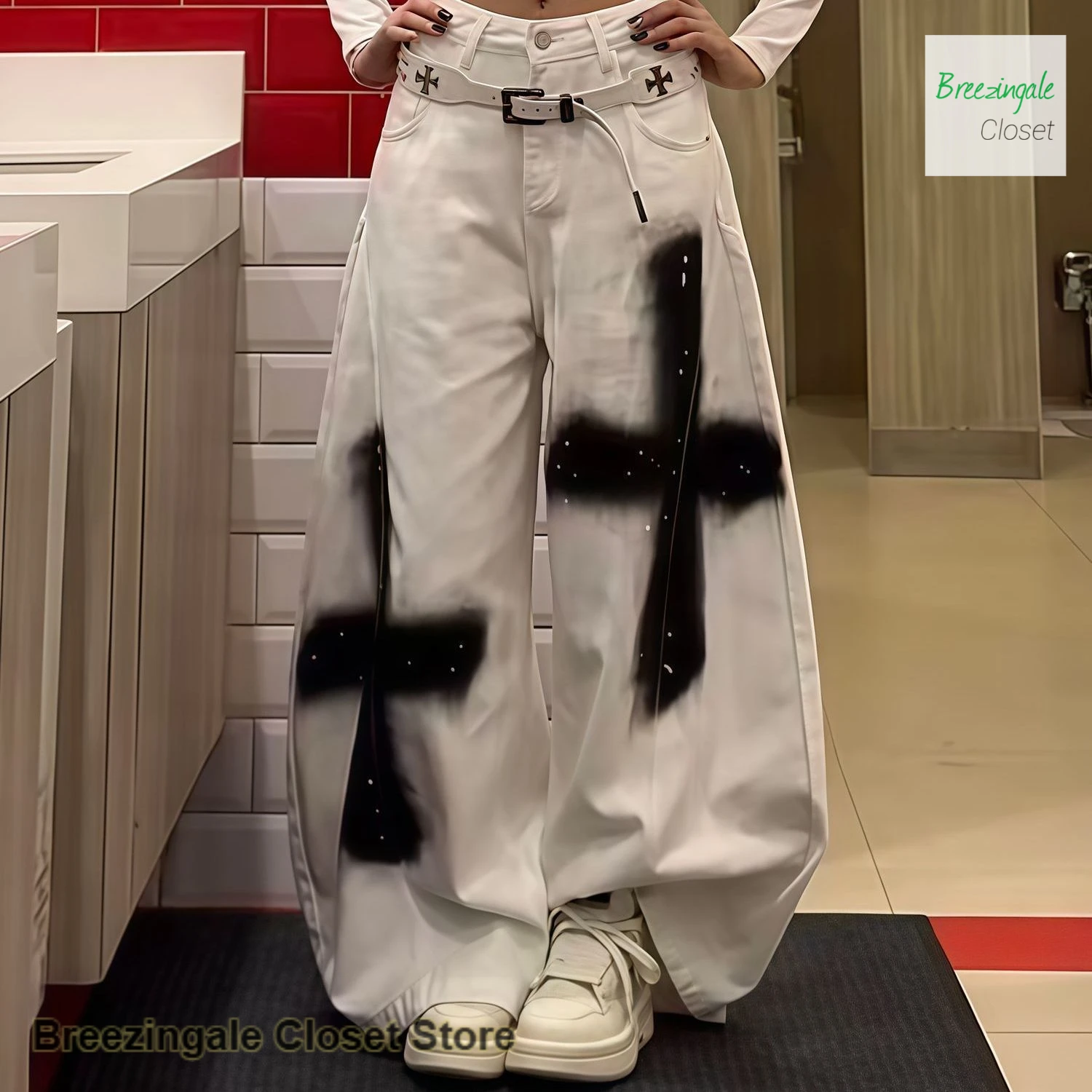 

American retro printed white jeans women's autumn and winter new fashion temperament street spice cross loose wide-leg pants