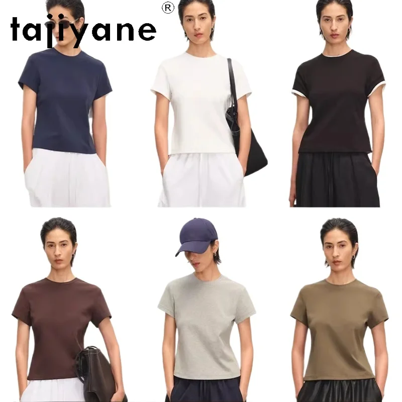 

Женские футболки TAJIYANE из 93% хлопка, однотонные, с круглым вырезом, короткими рукавами, летние топы, премиум-одежда для женщин 2026