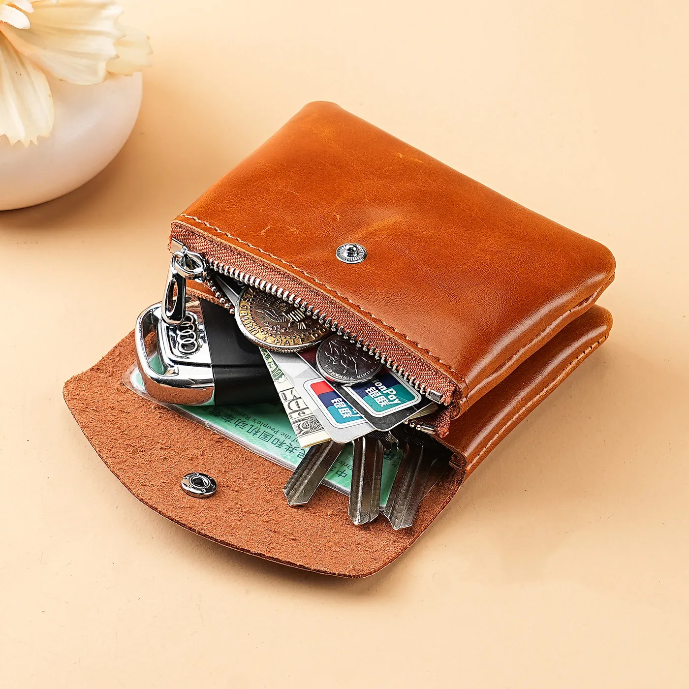 Portable Small Card Holder, PU Hand-Stitched Business Card Case for Women, Vintage Coin Purse, Textured Multi-Color Mini Wallet