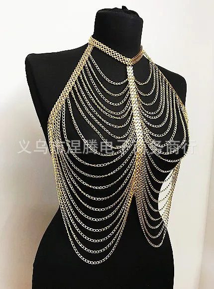 

Women's new fashion handmade metal W multi-layer body chain, European and American necklace accessories metallic.