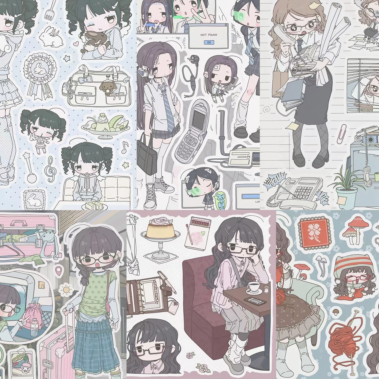 Campus & Office Girl Journal Stickers, Artistic Glasses Girl Daily Scene Decorative Stickers