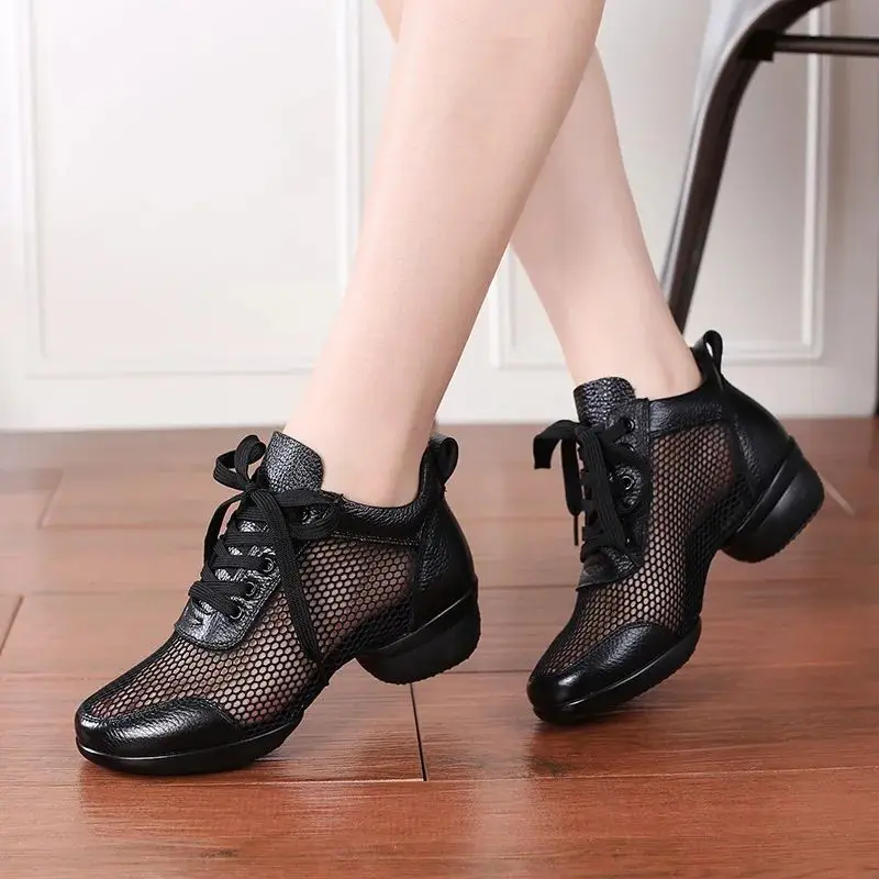 Women's Jazz Shoes Sneakers Modern Dance Summer Mesh Platform Walking Practice Ballroom Latin Dance Shoes genuine leather