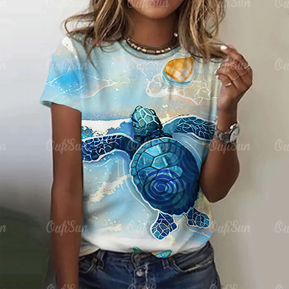 3D Sea Turtle Seahorse Print Tees Casual Cartoon Short Sleeves Women\'s T-shirts Tops Summer Fashion Pullover Women Clothing