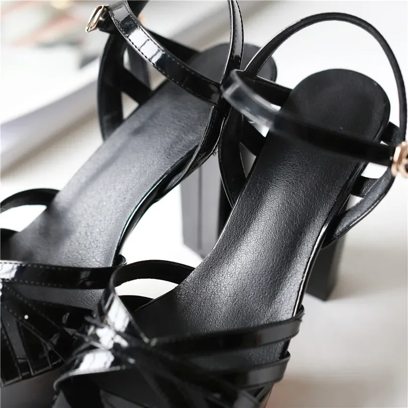 Elegant Silver Women Platform Sandals Black Patent Leather High Chunky Heel Wedding Party Office Ladies Summer Ankle Strap Shoes