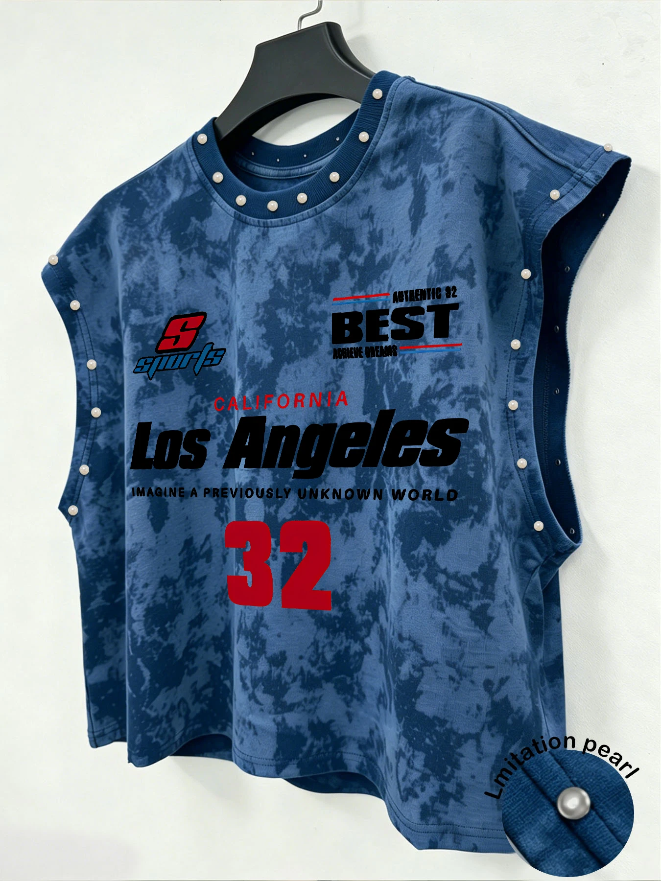 Herren Tanktop mit Batikmuster, ärmelloses Oberteil mit Imitationsperlen, Street-Vest, ärmelloses T-Shirt mit grafischem Muster für Herren – Detail 4