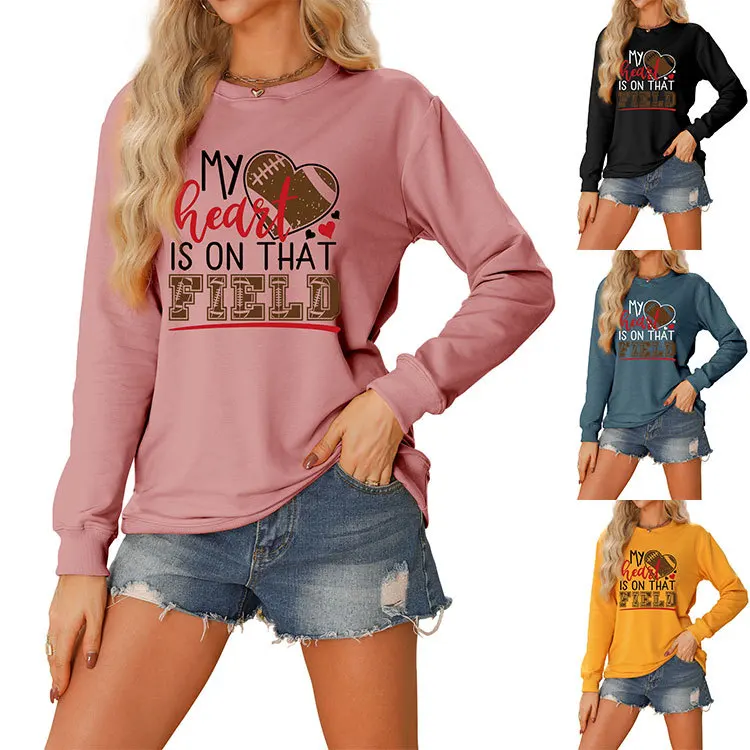 Autumn and winter fashion ladies hoodie my heart is on that field print new loose casual long-sleeved T-shirt with a round neck