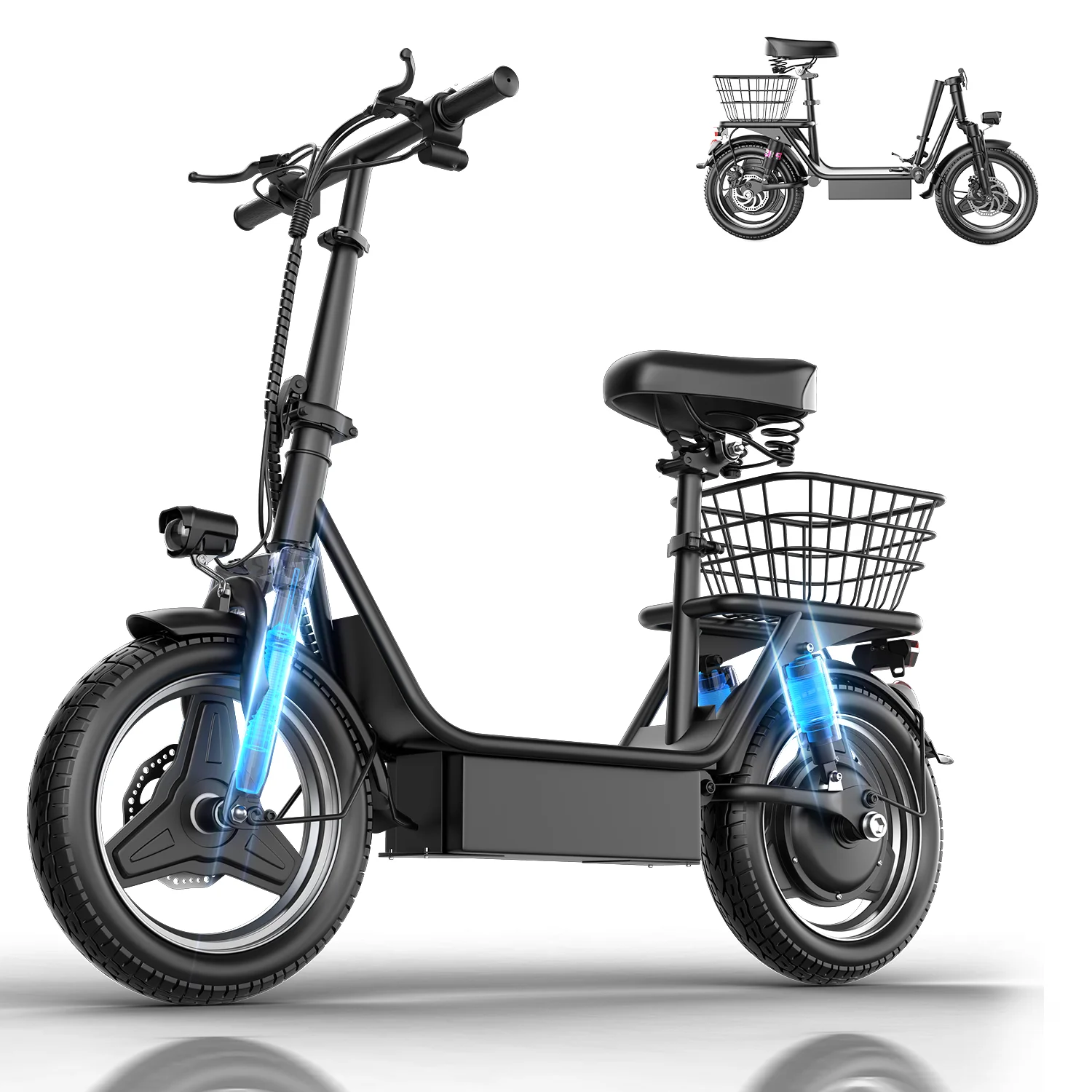 

Electric Scooter with Basket for Adults, 650W Peak Motor, Full Suspension, Motor Escooter Suitable for Commutting Travel