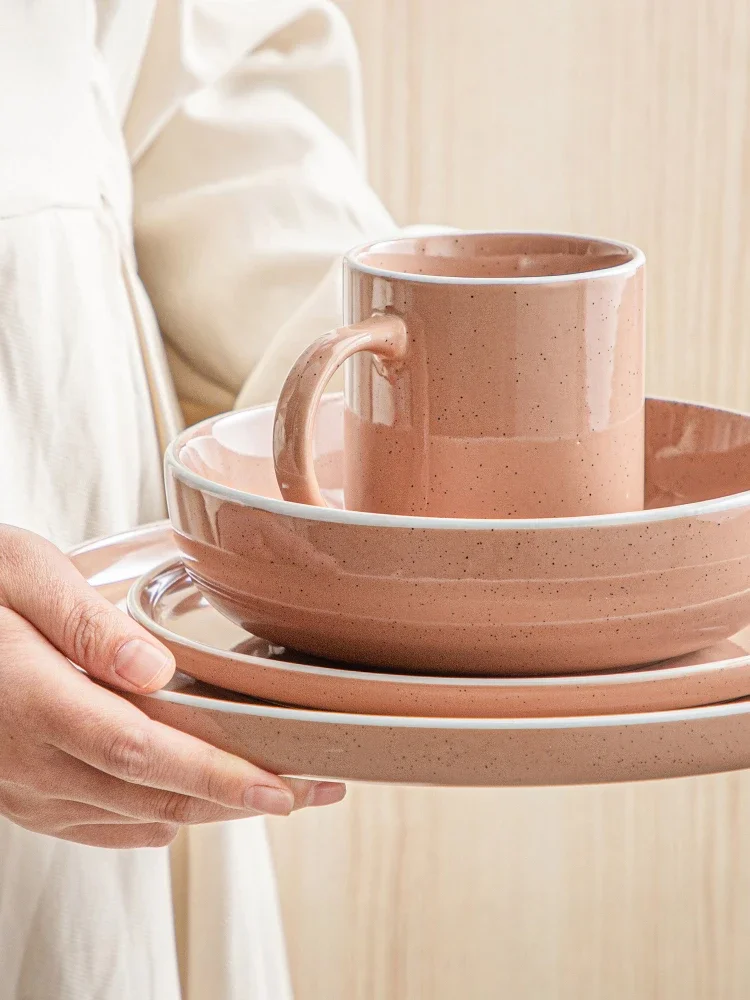 

16/32/48 Piece Apricot Stoneware Set Sesame Glaze Ceramic Dinnerware Set with Dinner/Dessert Plate/Soup Bowl/Mug