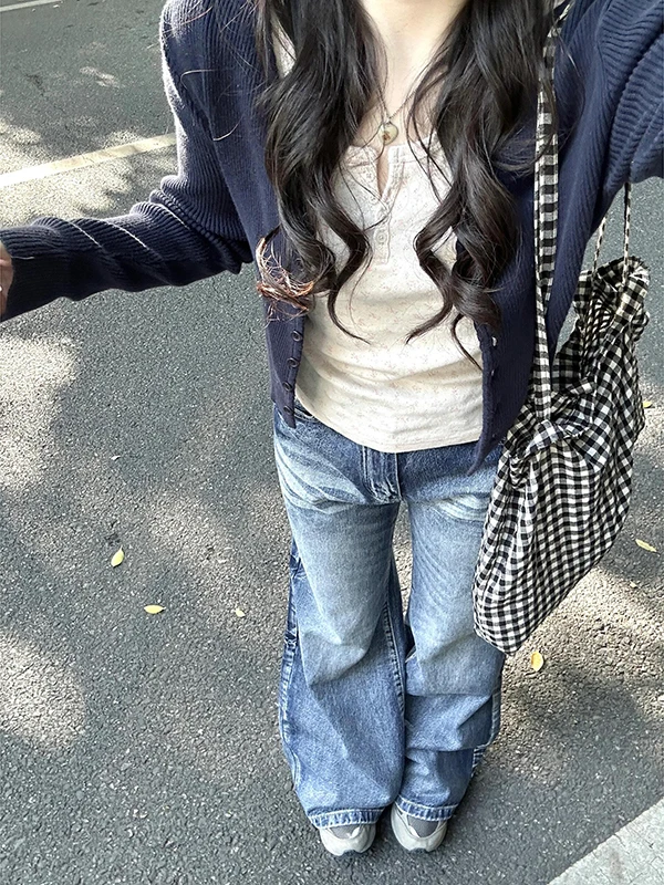 

Ретро-джинсы женские расклешенные в американском стиле, осенне-зимние, свободные, прямые, в пол, с низкой посадкой, на пуговицах