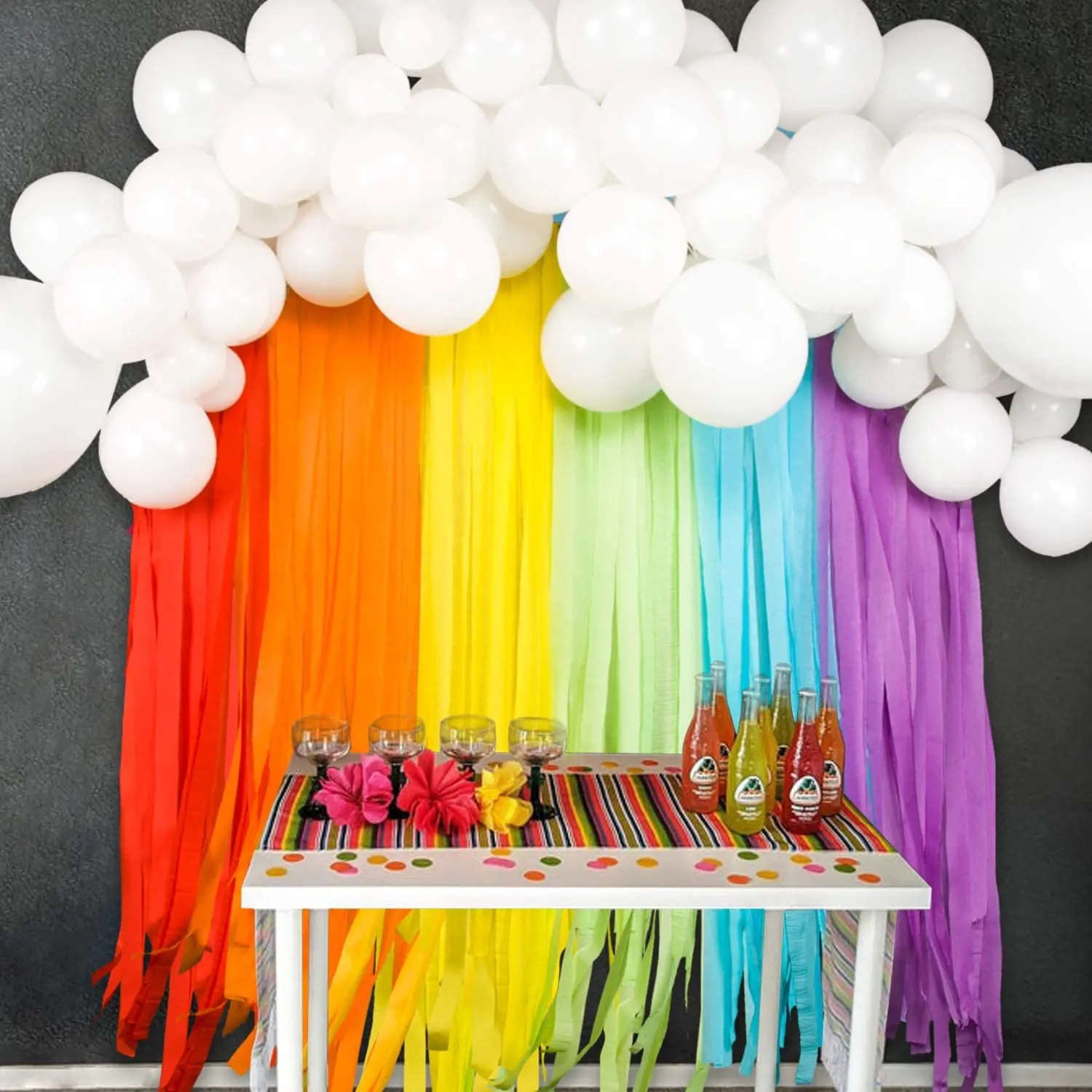 Rainbow Party Decorations White Balloon Garland and Rainbow Crepe Paper Streamers for Rainbow Baby Shower Rainbow Birthday Party