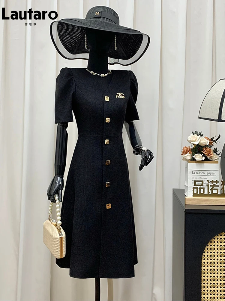 Lautaro Spring Summer Elegant Black Fitted Dresses for Women V Neck with Puff Short Sleeve Buttns Chic Luxury Designer Clothes