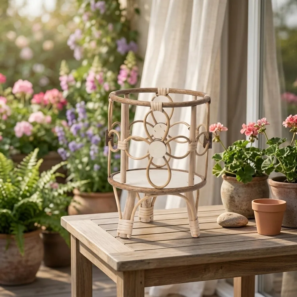 Wicker Plant Stand Made from for Natural Rattan with Wooden Legs for Indoor Outdoor Plant Display and Space Saving Decor
