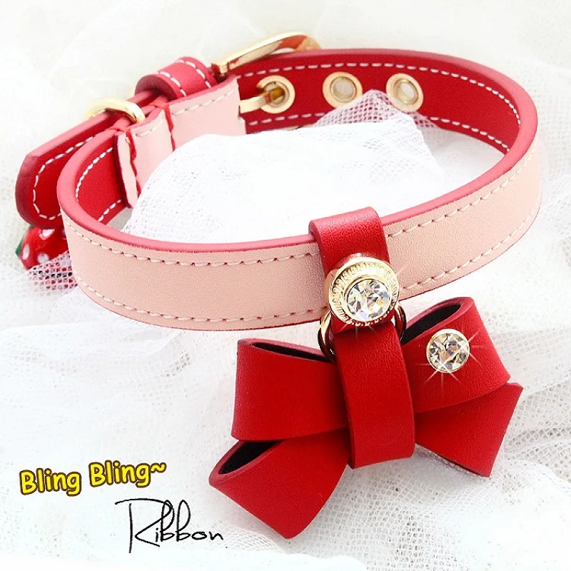 Dog Collar Leash Pet Accessories Cattlehide Real Leather Lychee Texture Cowhide Pink+Red Cowskin Rhinestone Buckle Calfskin New