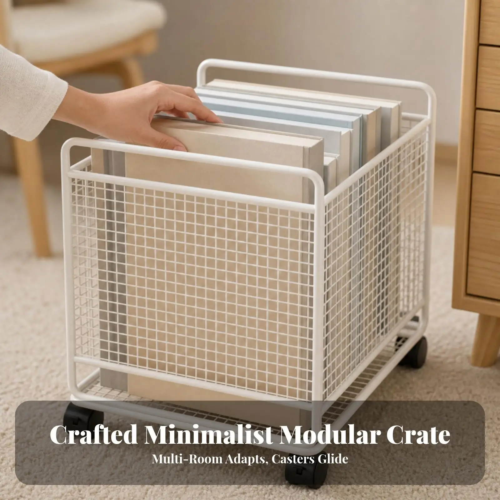 White Iron Mobile Storage Box with Casters and Handles for Books and Pantry Organizer Use