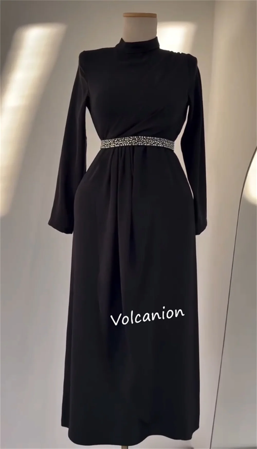 Customized Jersey Rhinestone Sash A-line High Collar Midi Dresses Bespoke Occasion Evening Classic Simple Elegant