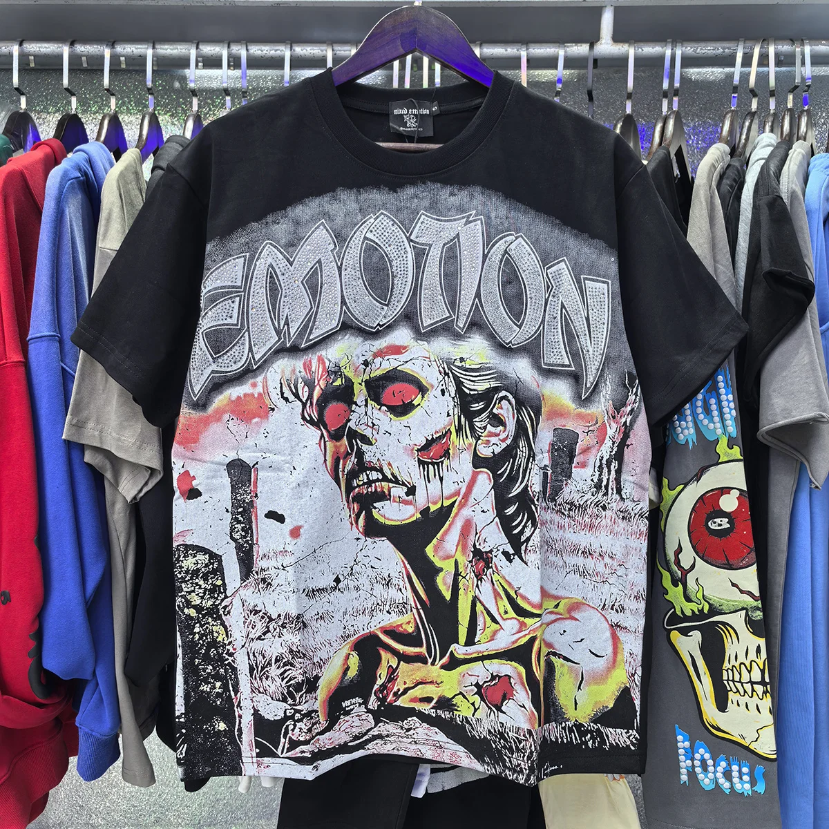 Retro Skeleton Glitter American High Street Pure Cotton Fleece Short Sleeve T-Shirt Streetwear Youth Fashion Cotton Sweatshirt