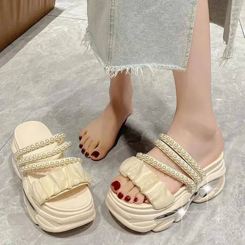 Zomer Platform Bling Sandalen Vrouwen Ademende Wiggen Hoge Hakken Dames String Kraal Strand Slippers Dikke Schoenen Sandalias Mujer