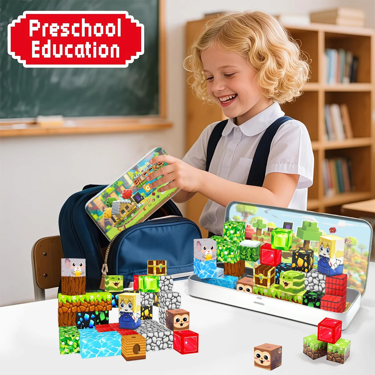 35 قطعة ألعاب مكعبات البناء المغناطيسية مع صندوق حديد محمول ألعاب مغناطيسية تعليمية للأطفال الأولاد والبنات هدايا