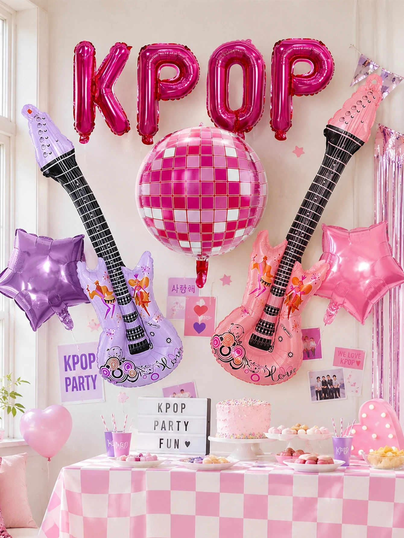 9pcs K-pop Music Guitar Party Balloon Set, 16-inch deep pink K-pop balloon banner, guitar balloons, 4D disco balloons, star ball