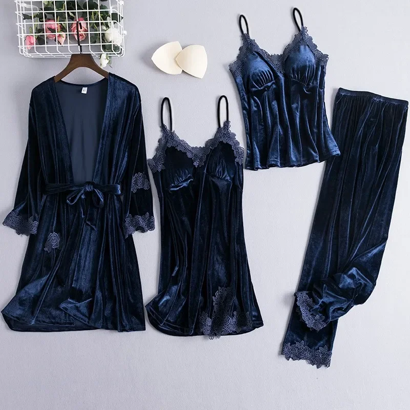 Sleepwear Sleep Set Womens Velour Nightwear Spring V-Neck Lace Pijamas Softy Sleepshirt With Chest Pads Home Pajamas Suit