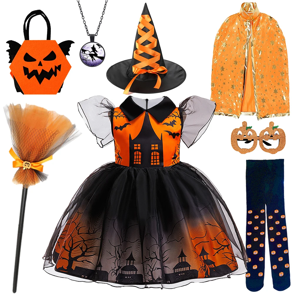 

Toddler Girls Halloween Dress with Bat & Haunted House Print, Black Orange Puff Sleeves Dresses Party Witch Cosplay Costume