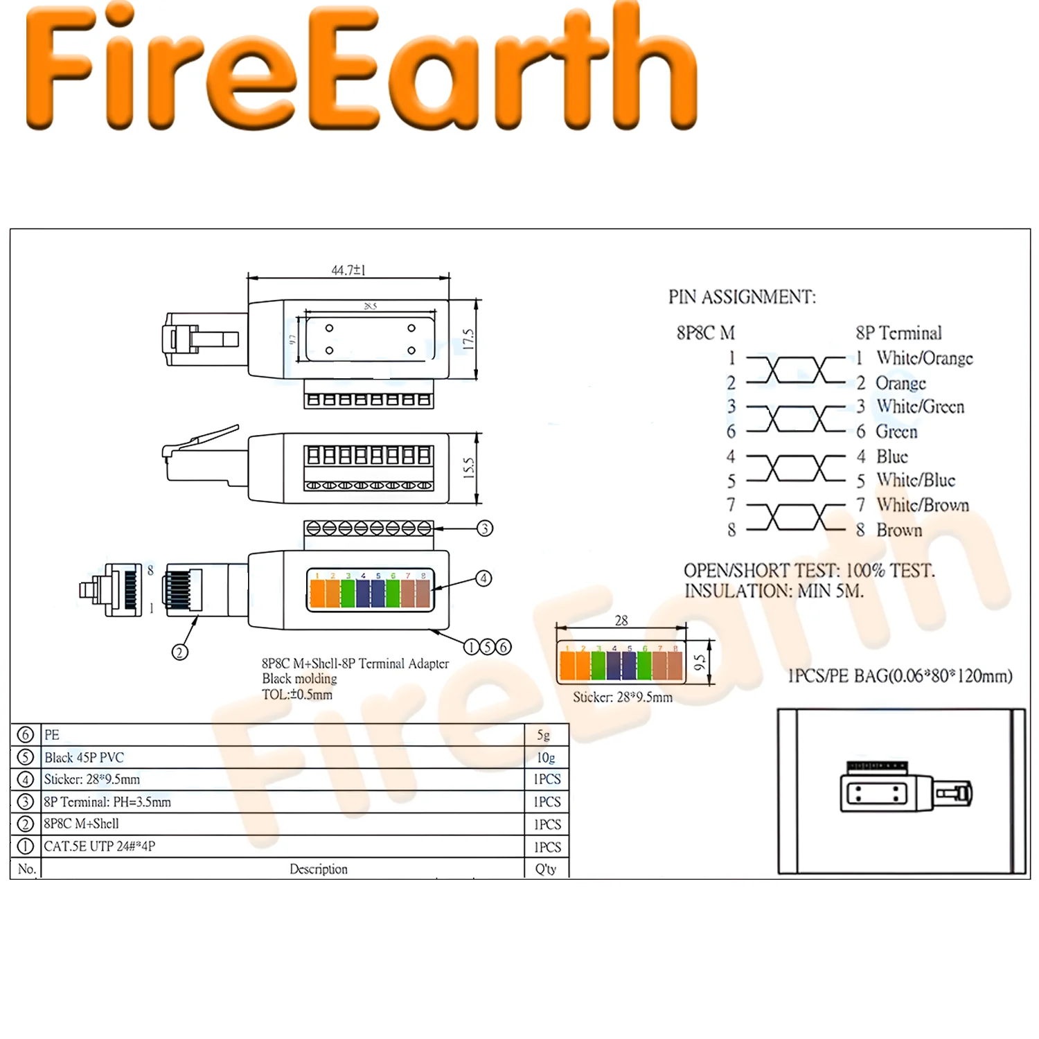 Adaptador de placa de fuga de terminal de parafuso rj45, conector de terminal de parafuso rj45 macho para 8 pinos, adaptador ethernet 8p8c para cat5, cat6