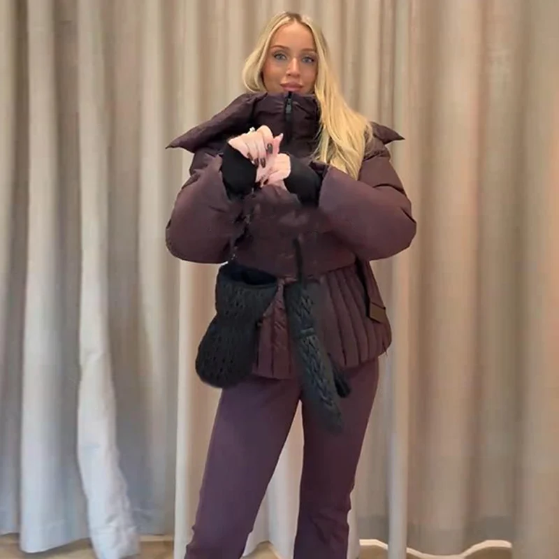 Hooded Skiing Coats Women Solid Stand Collar Belts Pleated Zippers Full Sleeve Thicken Cotton Jacket 2026 Winter Lady Outwears
