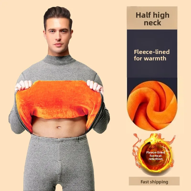 Men's Thermal Underwear Set Ultra-Thick Fleece Lined Warmth Enhancement Winter Clothing Long Sleeve Polyester Fiber Base Layer