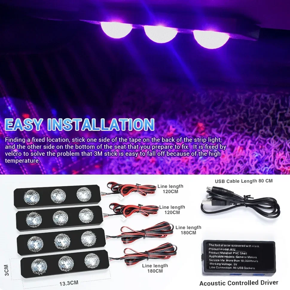 Car Interior LED Decorative Ambient Light Wireless Remote Colorful Music Rhythm Light Starlight Carpet Lamp USB Interface Device