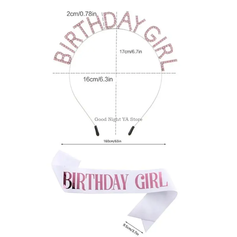 반짝이는 왕관 생일 여아 머리띠와 띠 세트 BIRTHDAY GIRL 라인스톤