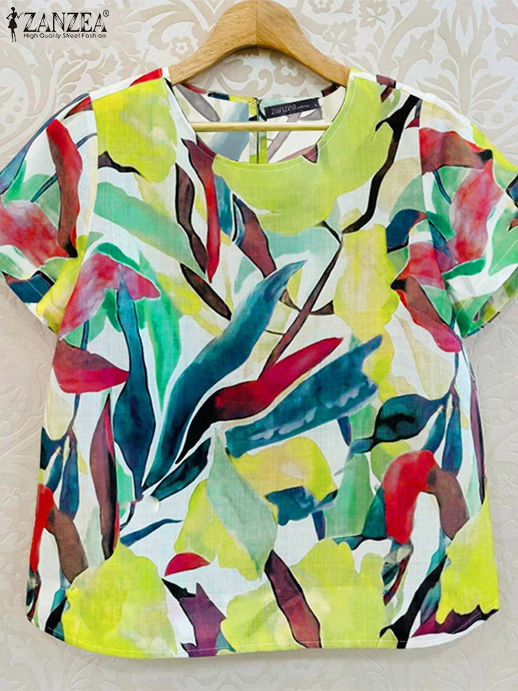 

Summer Printed Blouses ZANZEA Women Short Sleeve O Neck Tops Casual Holiday Shirt Bohemain Loose Blusas Female Chemise Oversize