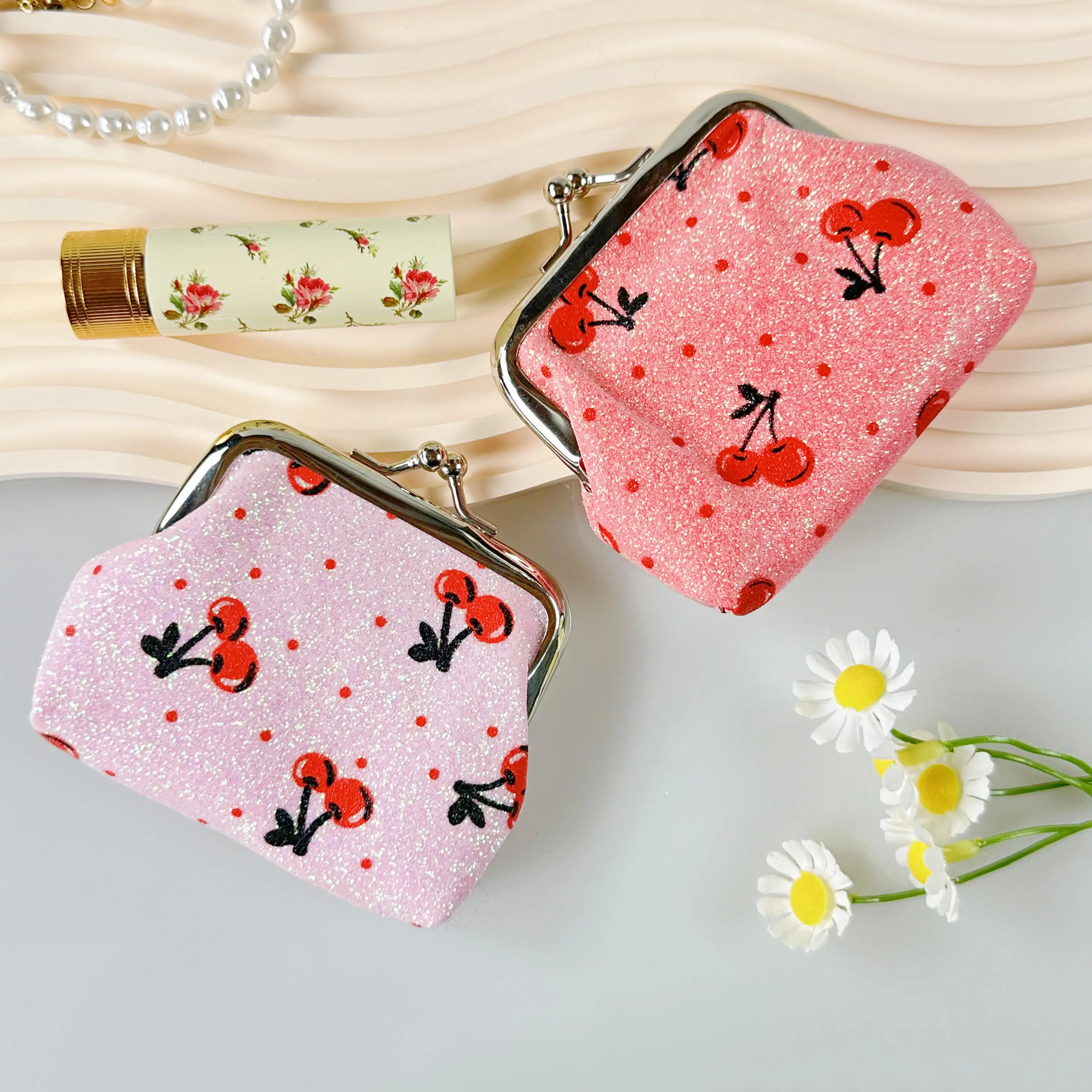 Small Cherry Printed Mini Coin Purse Clasp Small Bag Coin Purse