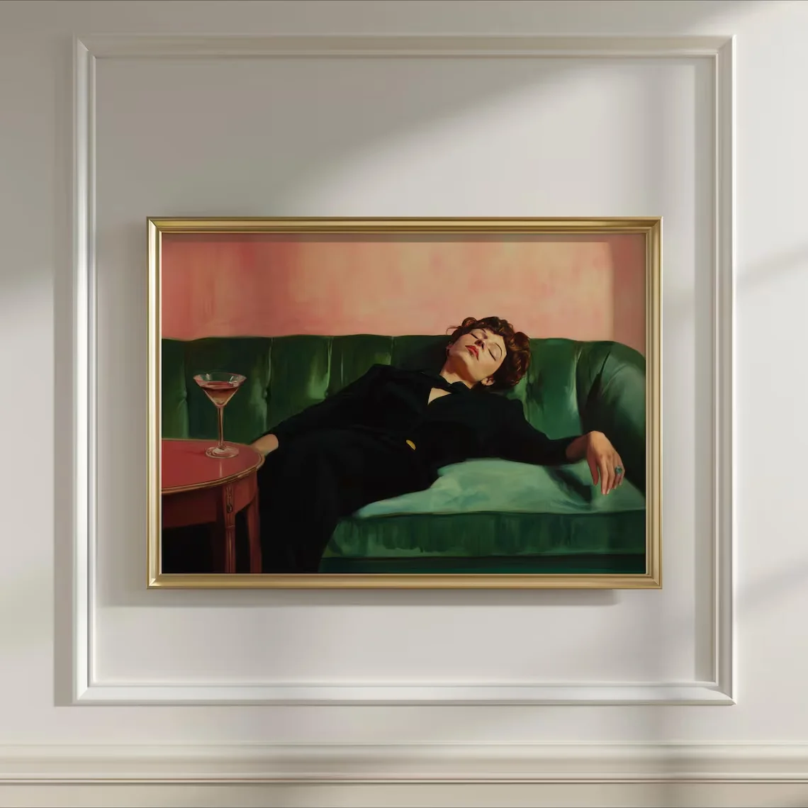 Woman on Couch with Martini | Soft Tonal  Painting | Cocktail Art Bar Cart Decor | Aesthetic  Painting Gift | Trendy Wall