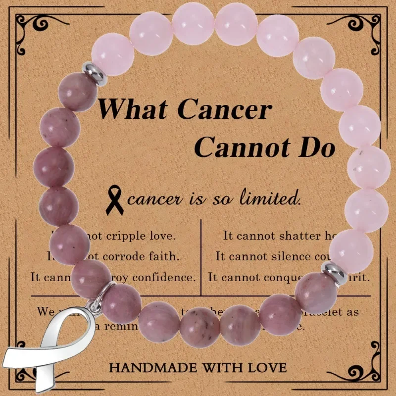 New Breast Cancer Awareness Colorful Natural Stones Crystal Bracelet with Message Card Valentine's Day Protection Pray Jewelry