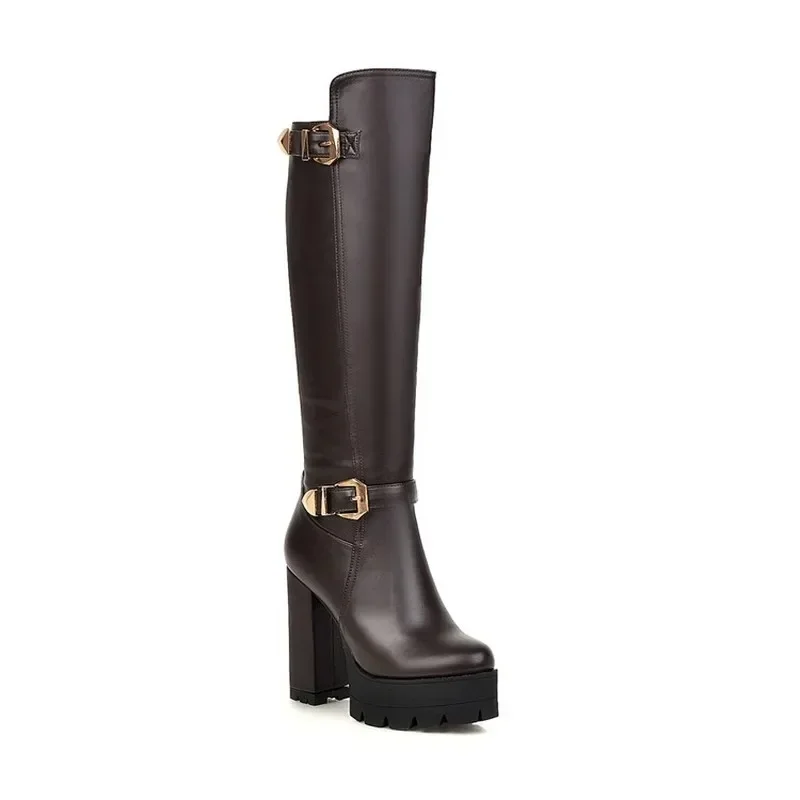 Women\'s Boots autumn winter new style fashion belt buckle Round head zipper Thick heel High heel High Boots