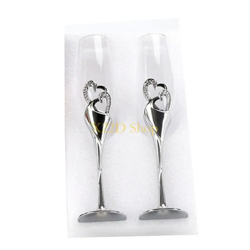 

X22D 2Pcs Wedding Champagne Glass Set Toasting Flute Glasses with for Rhinestone Crystal Rimmed Hearts Decoration Drink Goblet