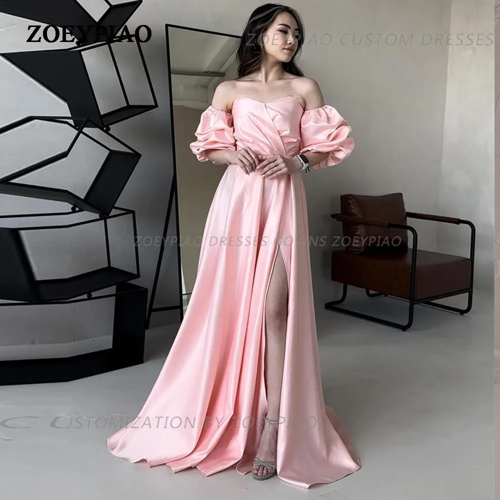 Sweet Pink Long Satin Prom Dresses A Line Sweetheart Side Slit Evening Gowns Floor Length Dinner Party Dress For Women