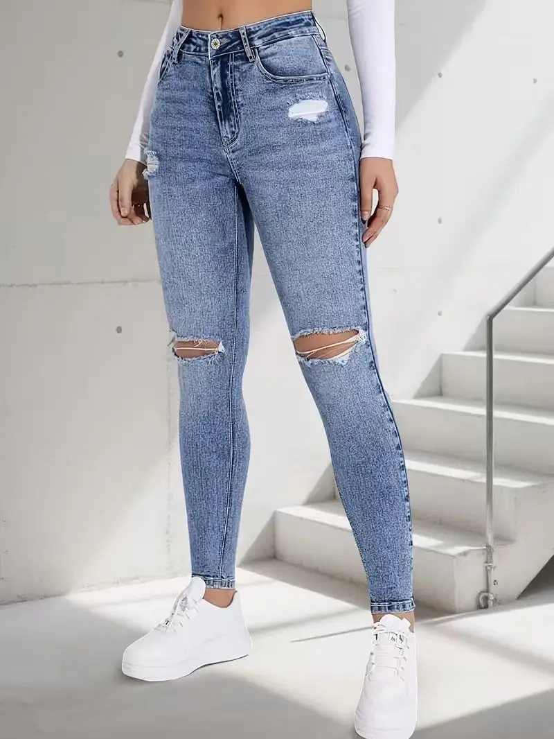 High-waisted ripped jeans for women, stretchy, slim-fit, retro stone-washed, faded, frayed hem, tight pencil pants