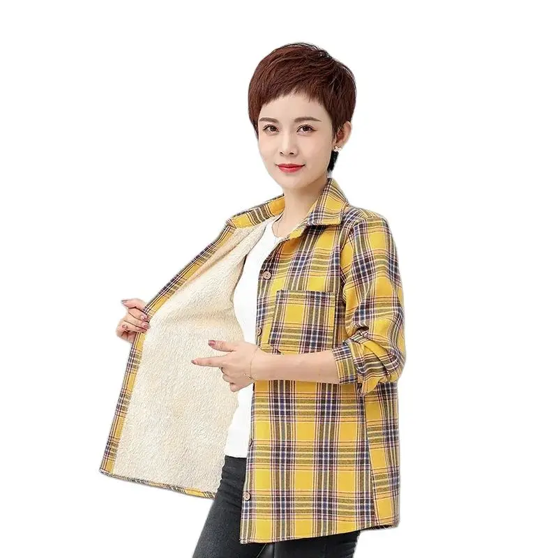 

Middle-Aged Mother's Winter Clothing Add Velvet Plaid Shirt Thickened Warm Bottoming Shirt Long-Sleeved Women's Shirt Jacket Top