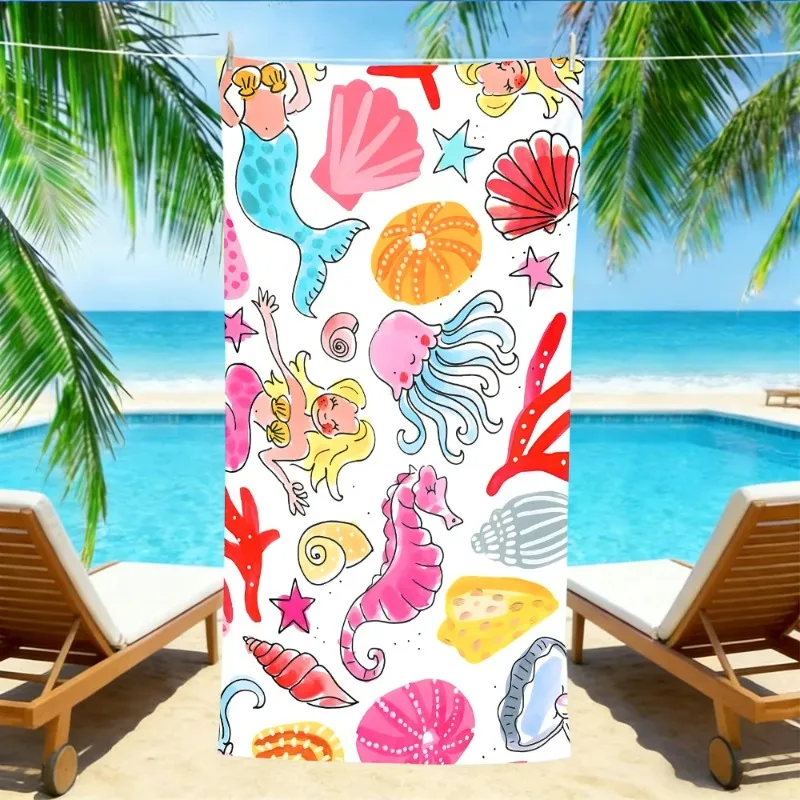 Mermaid Sea Creature Beach Towel Oversized Quick Dry Sand Free Seashell Print
