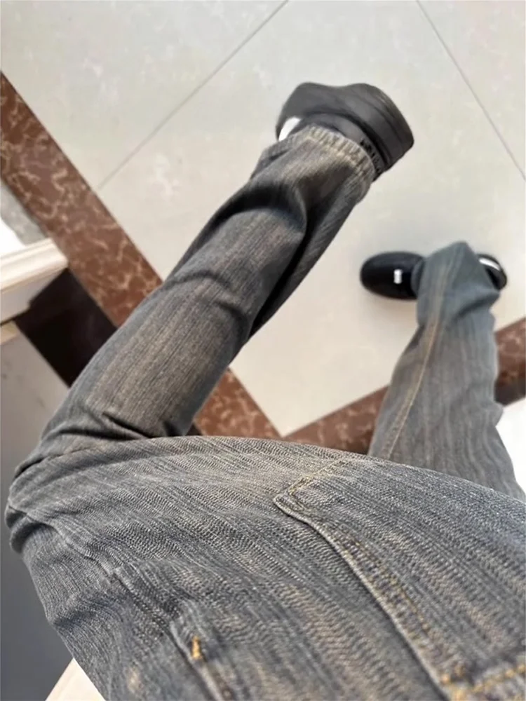 

Мужские джинсы из синего бамбукового волокна в американском ретро-стиле, модные прямые брюки с микро-клешем, низкая посадка, застежка-молния, молодежный стиль